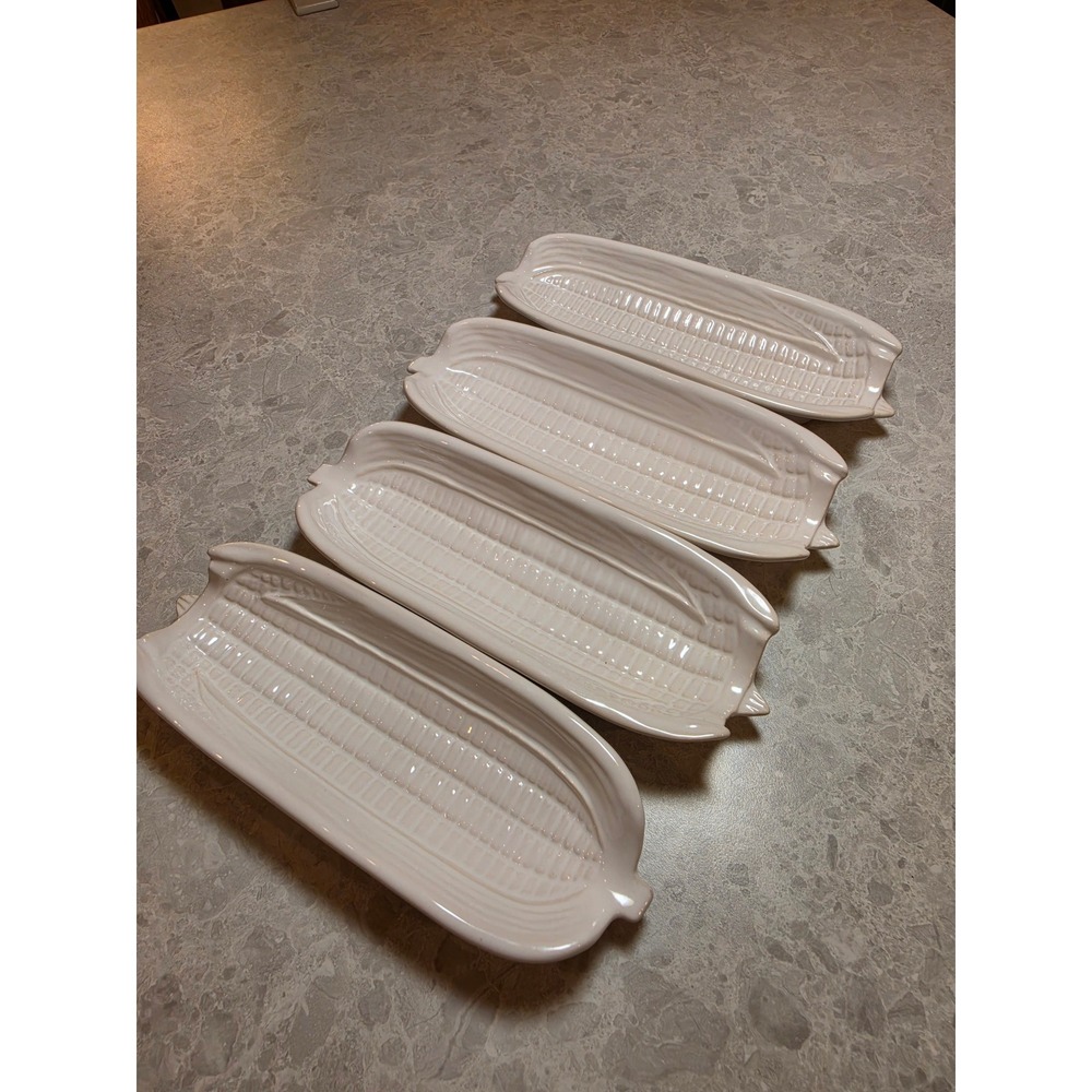 Bordallo Pinheiro White Majolica Corn on the Cob Dishes Set of 4 Portugal